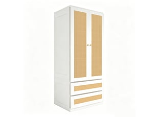Armoire avec 2 portes, 2 tiroirs et grande niche, portes aspect rotin pour chambre, en bois blanc, 70 × 55 × 170 cm