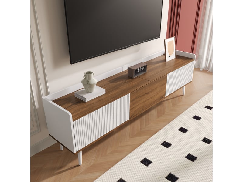  Meuble tv bas 3 portes 160x39x49.5 cm - conception simple - blanc et finition bois naturel - meuble tv moderne  - Conforama D