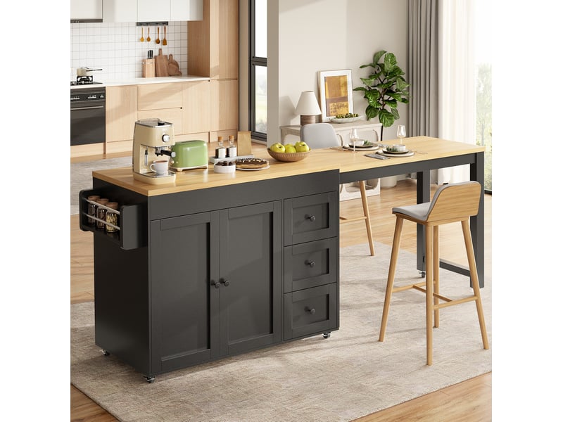 Desserte de cuisine extensible 116x45x89 cm avec 3 tiroirs, roulettes et rangements latéraux mdf métal noir - Conforama B