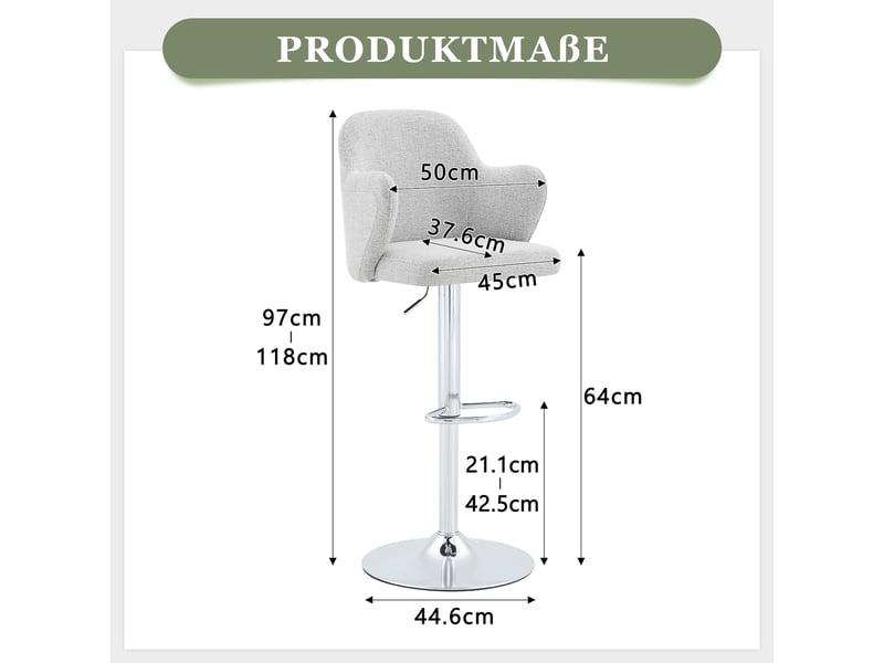  Lot de 2 tabourets de bar pivotants 360° réglables en hauteur - lpospi - accoudoirs, tissu gris clair  - Conforama D
