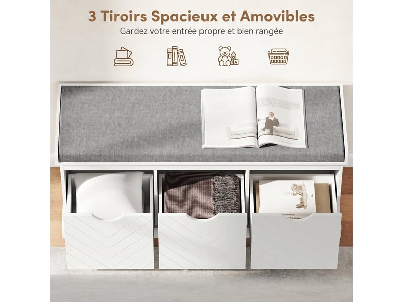  Banc chaussures entrée, banc de rangement avec 3 tiroirs amovibles et coussin rembourré en tissu aspect lin, blanc  - Conforama E