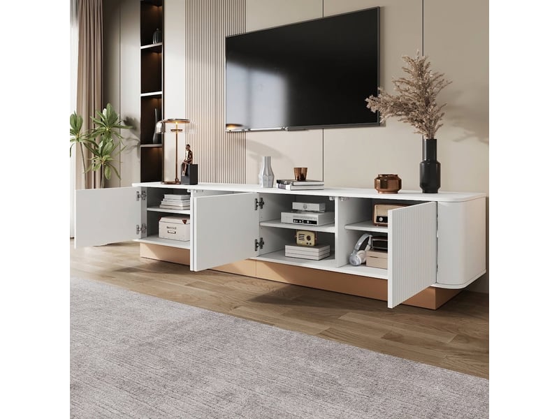 Meuble tv blanc 200 cm avec 4 portes, étagères réglables et coins arrondis  - Conforama B