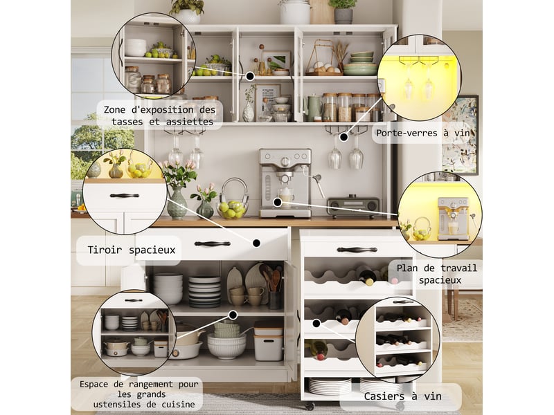  Buffet de cuisine 140x38x180 cm avec chariot amovible, led et charge, pour cuisine, meuble de cuisine, en mdf, blanc  - Conforama D