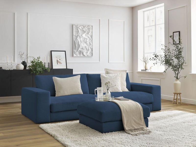  Bobochic canapé droit fixe 3 places leonard velours côtelé avec pouf bleu foncé LEONARD - Conforama B