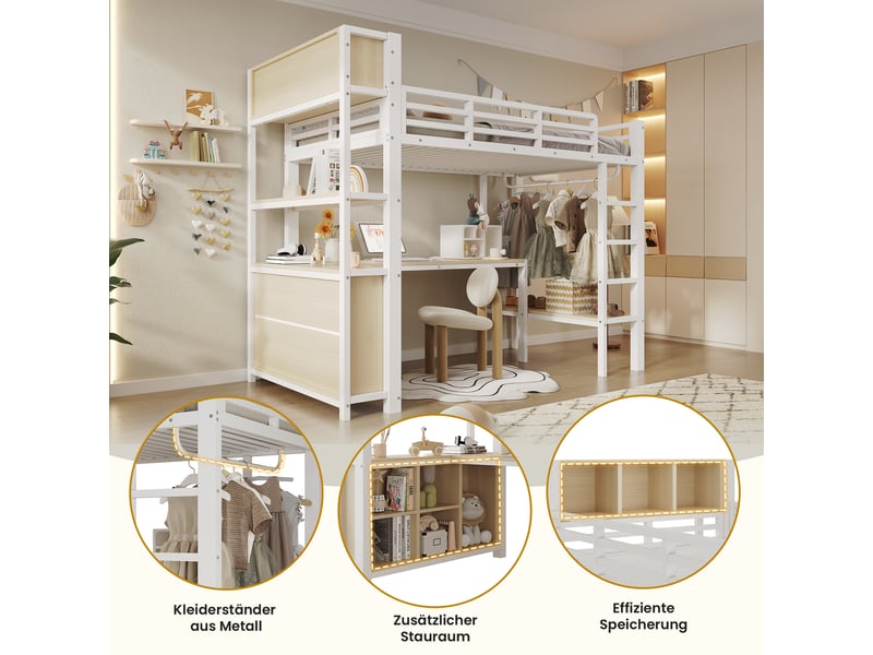  Lit mezzanine enfant simple 90×200 cm avec bureau, penderie et étagères  - sans matelas métal mdf blanc  - Conforama E