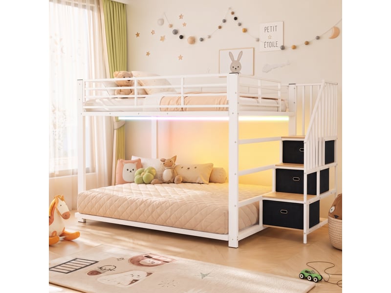  Lit superposé modenvie 140 x 200 cm avec escalier de rangement réversible, led, prises et usb, mdf et métal blanc et noyer  - Conforama E