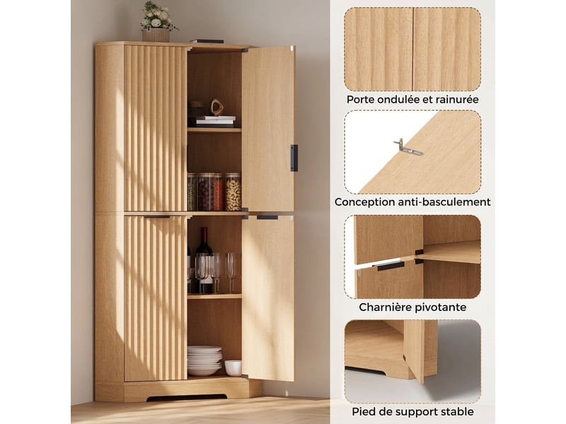  Buffet de cuisine d'angle naturel 60x60x172 cm avec 4 portes et étagères réglables  - Conforama D