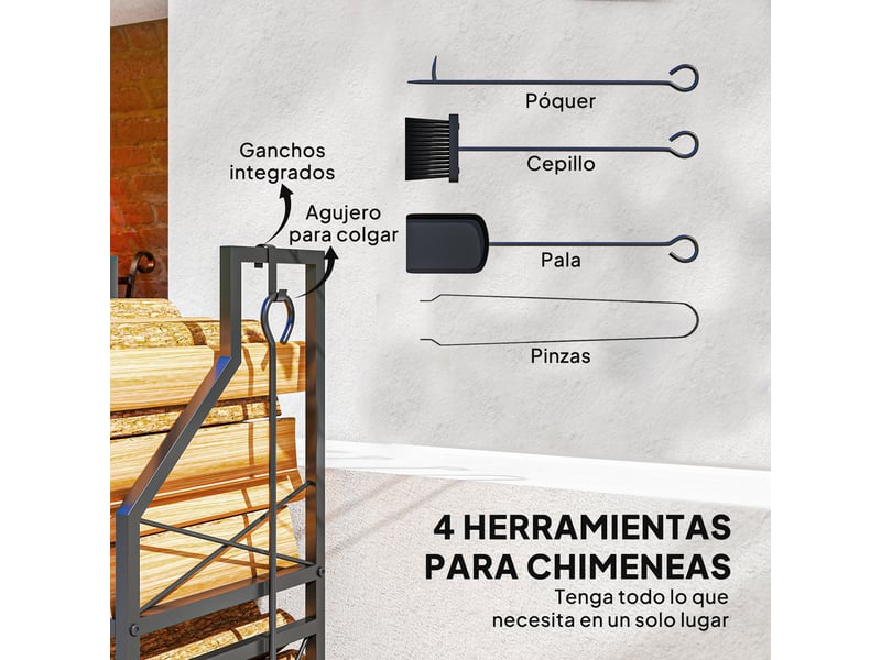 Porte-bûches métallique deux niveaux avec 4 outils, noir, 34 x 30 x 80 cm, charge 60 kg  - Conforama W