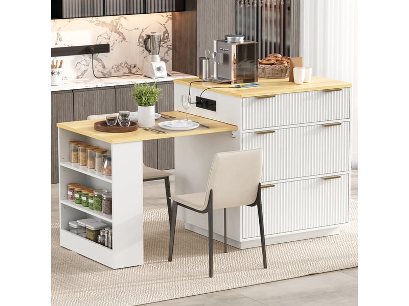  Îlot de cuisine mobile - 80x67x92 cm blanc et bois naturel - meuble de cuisine extensible avec prises, led et tiroirs  - Conforama E