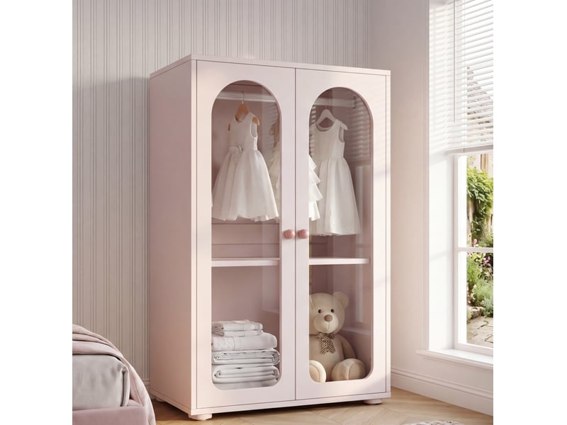  Armoire avec 2 portes transparentes, penderie et étagères réglables pour chambre en mdf rose 80 × 50 × 120 cm  - Conforama D