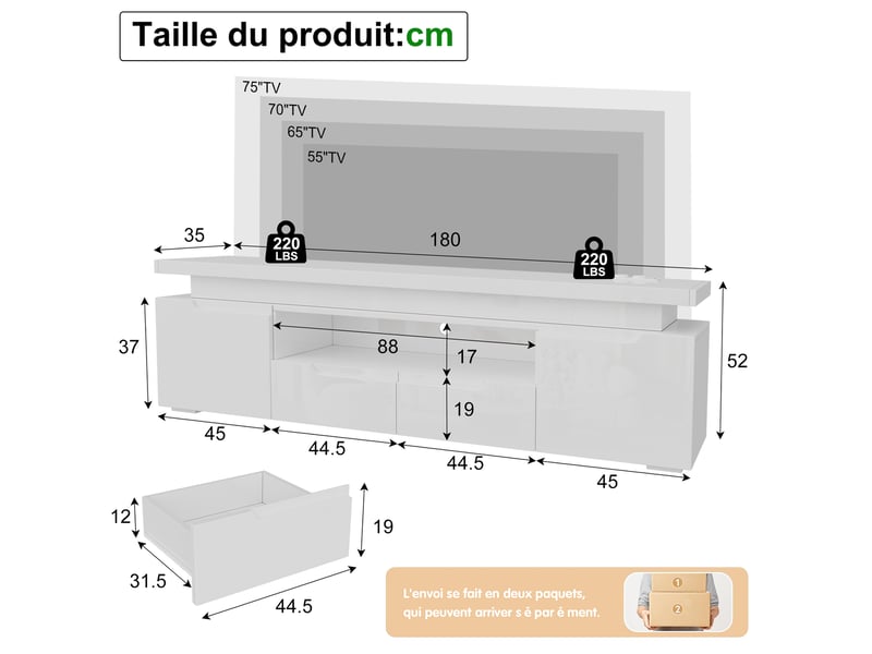  Meuble tv blanc brillant 180 cm avec led rgb et multiprise usb-c, grand rangement, pour tv jusqu’à 75 pouces  - Conforama C