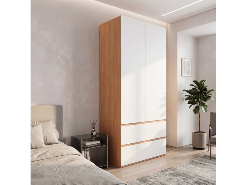  Porte armoire 90x50x200 cm avec 1 barre de penderie, 2 tiroirs et 2 portes, mdf et panneau de particules, blanc  - Conforama B