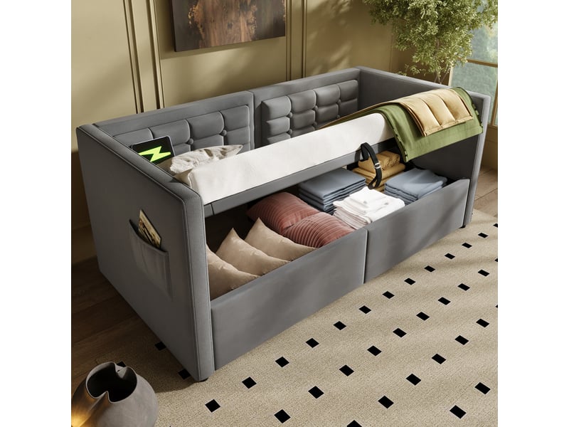 Canapé-lit 90 x 200 cm avec coffre hydraulique, usb et usb-c, velours gris - Conforama D