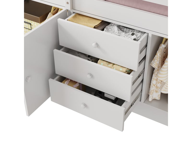  Lit superposé pour enfant, lit simple multifonction avec échelle, tiroirs, 2 armoires et tringle à vêtements, sans matelas, blanc, 90x200 cm  - Conforama E
