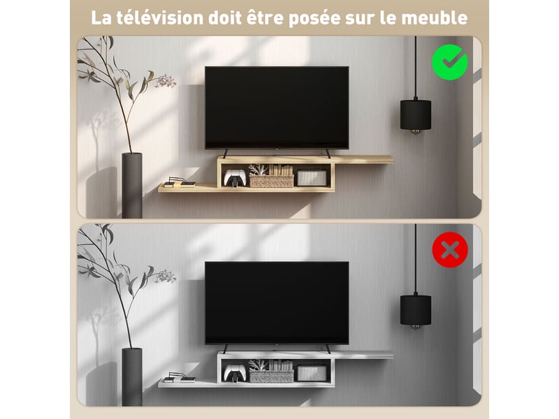  Meuble tv mural suspendu avec niche et 2 passe-fils coloris chêne clair 152 x 29 x 21 cm  - Conforama E