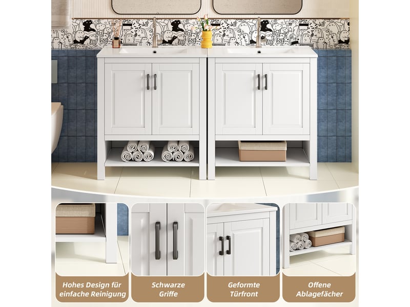 Meuble vasque blanc laqué mdf et céramique 76,5×47×83 cm, 2 portes à fermeture amortie, rangements et niche ouverte - Conforama E