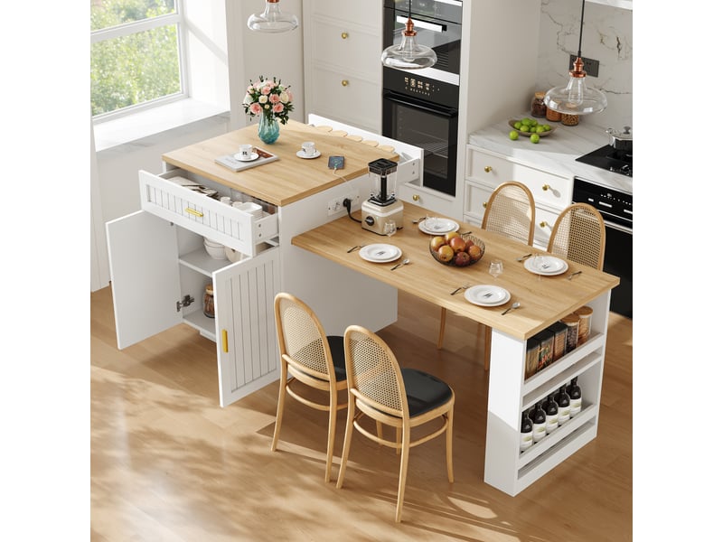 Îlot central de cuisine extensible 121,5-192 cm avec prise intégrée, 1 tiroir, rangements et étagères réglables - blanc - Conforama B