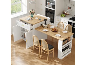 Îlot central de cuisine extensible 121,5-192 cm avec prise intégrée, 1 tiroir, rangements et étagères réglables - blanc