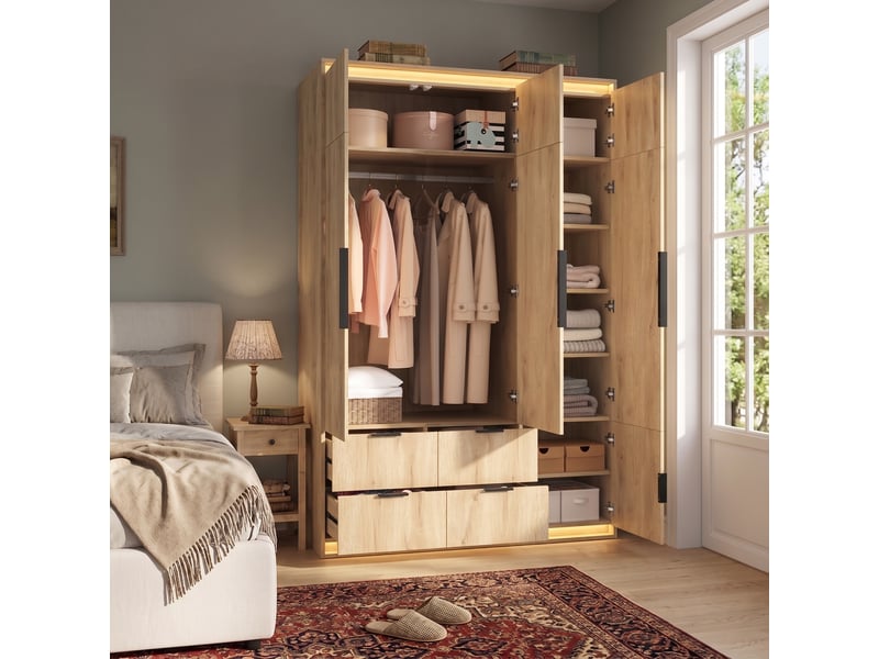  Armoire 3 portes 135x47x200 cm effet chêne avec led, miroir et 4 tiroirs  - Conforama B