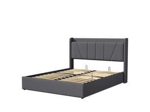 Lit coffre 2 places 160x200 cm, lit adulte double avec rangement, 2 ports usb et 1 type-c, design simple, lin gris