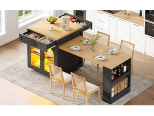 Îlot de cuisine extensible 126-196 x 80 x 94 cm, 2 tiroirs, portes vitrées et éclairage led rgb, noir, en mdf robuste