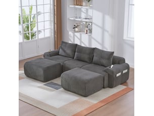 Canapé modulaire 3 places 268x174x80 cm, velours côtelé gris foncé, agréable, poche latérale, porte-gobelet