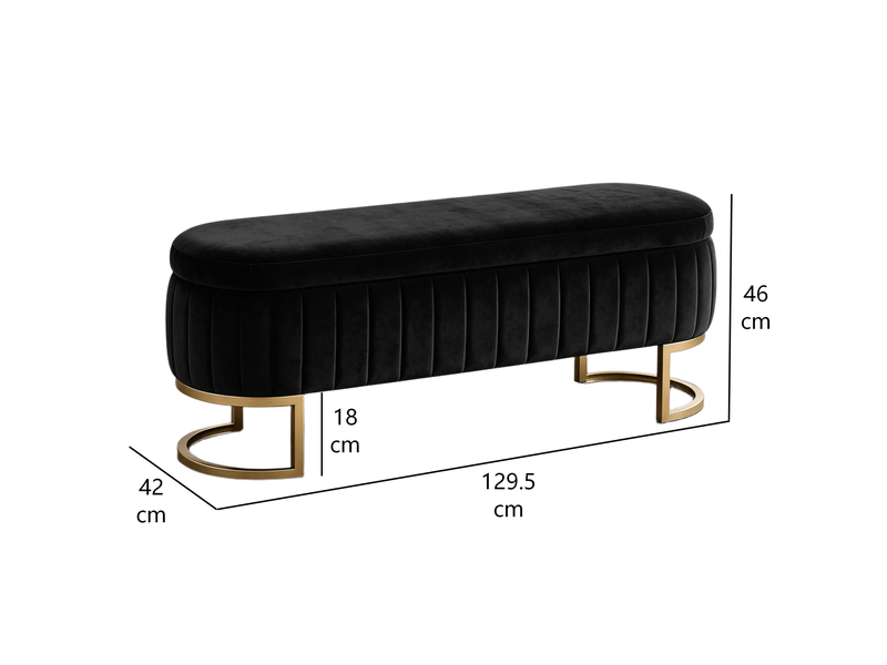  Banc coffre tcqpz en velours noir 129,5 x 42 x 46 cm rangement intérieur pieds métal doré  - Conforama C