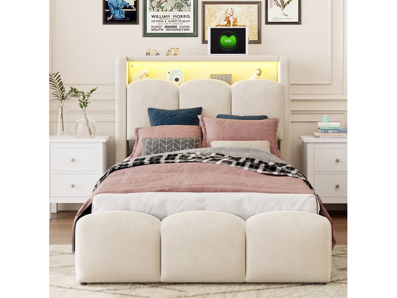  Lit coffre enfant, 90x200 cm, tête de lit avec rangement, led, usb, type c, matelas non inclus, velours, coloris beige  - Conforama D