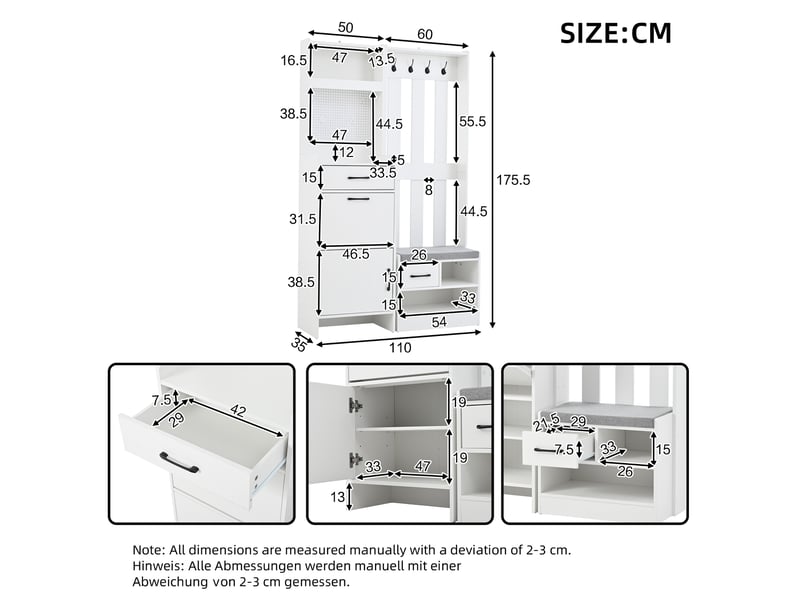 Meuble d’entrée 7 en 1 blanc, vestiaire avec banc rembourré, 7 patères et rangement chaussures, 110 x 35 x 175,5 cm - Conforama C