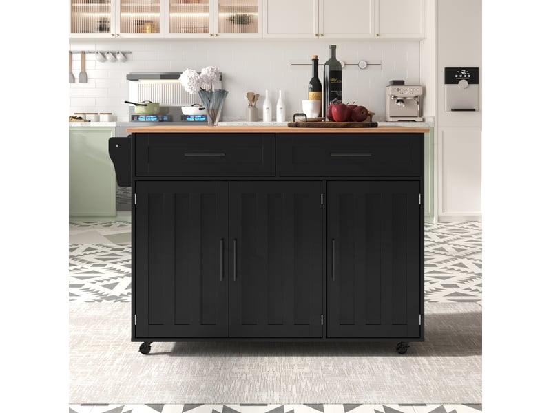  Desserte de cuisine à plateau rabattable avec 2 tiroirs - lpospi - 5 roulettes et pieds fixes mdf noir et naturel  - Conforama B