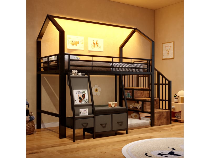 Lit mezzanine 90 x 200 cm avec garde-corps, rangements en tissu, tiroirs, escalier avec placards et led pilotée par application, métal et mdf - noir OMNIGLINT TRADING LTD - Conforama C