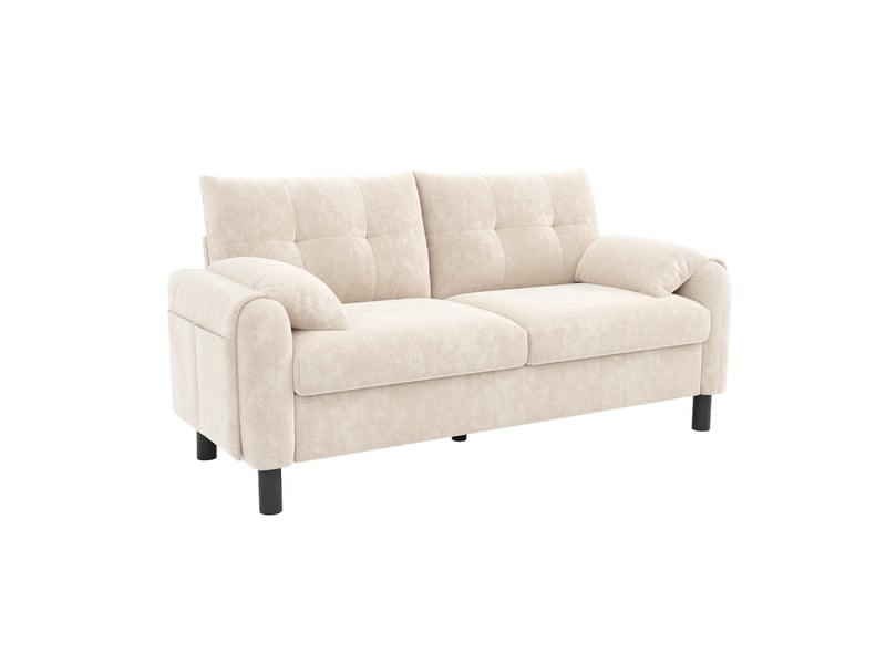 Canapé 2 places 158x80x88,5 cm en chenille beige, compact, avec poches latérales et coussins - Conforama A