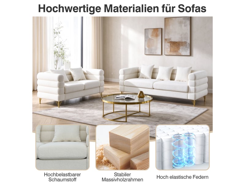  Canapé nuage blanc en tissu bouclette, 205,7 x 81 x 71 cm, pieds en métal doré, coussins décoratifs, dossier ondulé  - Conforama D