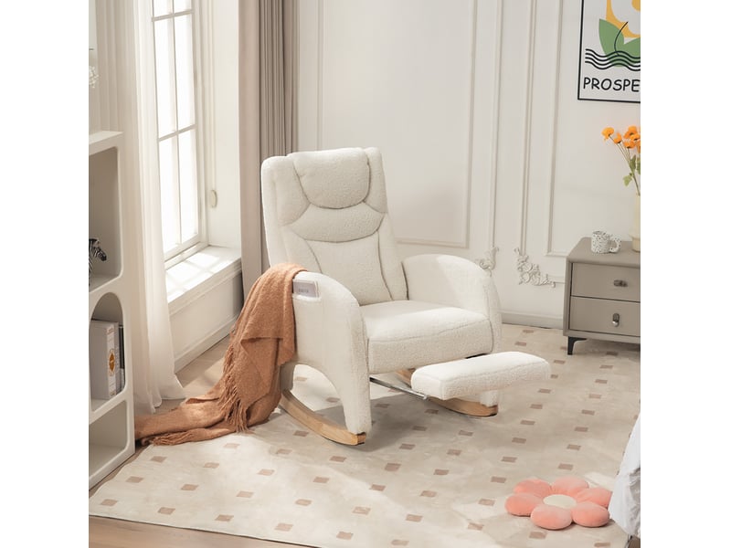  Fauteuil à bascule 66 x 125 x 101 cm blanc en tissu peluche, avec repose-pieds pliable et dossier haut  - Conforama E