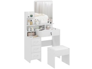 Ensemble de coiffeuse avec tabouret rembourré grand miroir + plusieurs étagères ouvertes + 4 tiroirs blanc