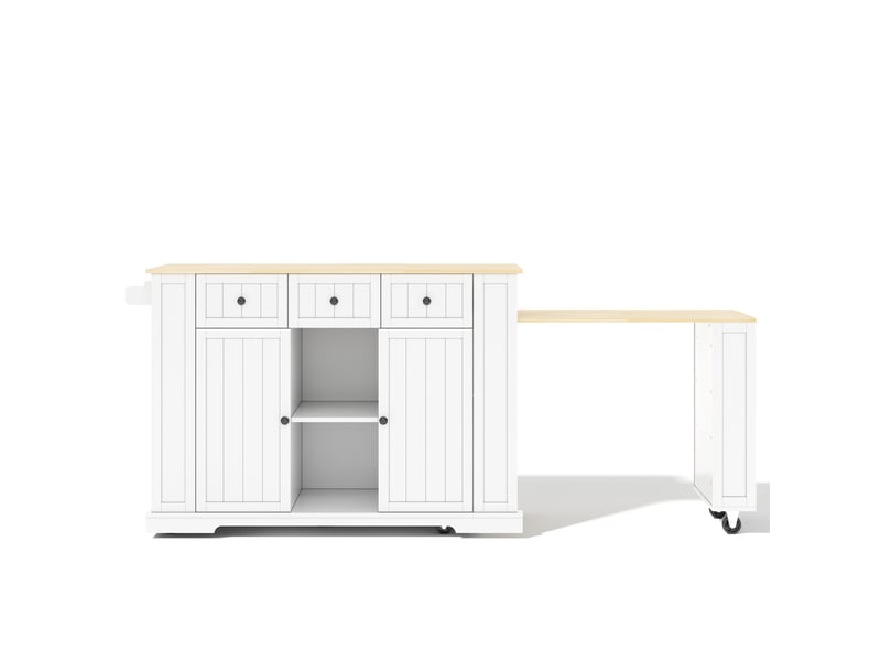  Îlot de cuisine mobile 138x55x93 cm avec table à manger escamotable, 5 roues, mdf, blanc et naturel  - Conforama A