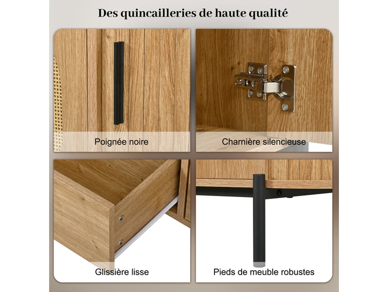  Meuble tv naturel 200x40x49,5 cm avec portes coulissantes, portes en rotin, tiroirs et pieds métal noir  - Conforama E