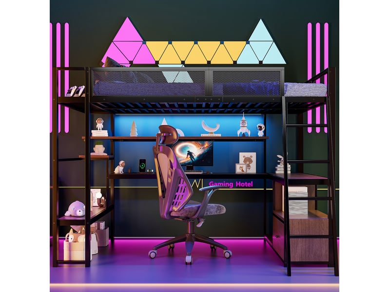  Lit mezzanine 140x200 cm avec bureau, led, rangements et station de charge, noir  - Conforama D