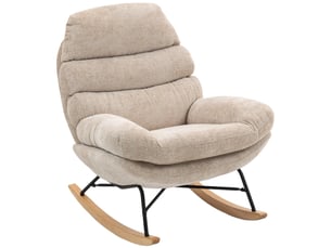 Fauteuil à bascule rembourré avec pieds en acier et patins en bois, blanc crème