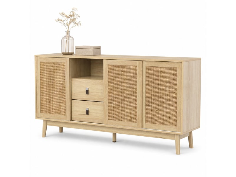  Buffet bas modenvie 155 x 38 x 80 cm 3 portes coulissantes en rotin 2 tiroirs bois clair  - Conforama A