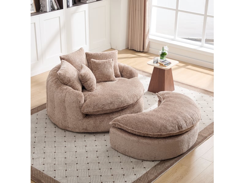  Fauteuil convertible modenvie rond avec accoudoirs et coussins, mousse dense, revêtement polyester marron, 190,5 x 138 x 63 cm  - Conforama B