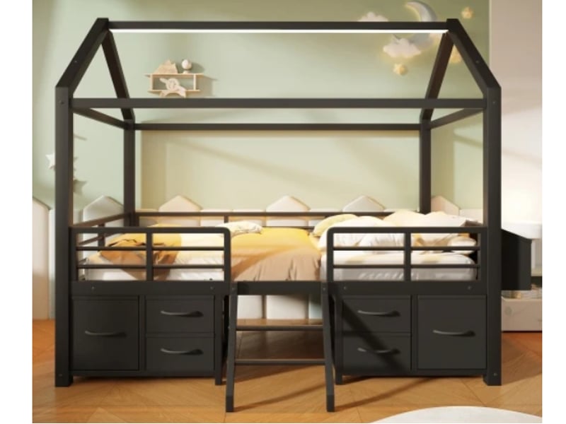  Lit mezzanine cabane 90 × 200 cm, métal, toit maison, rangements et tiroirs en tissu, éclairage led, noir  - Conforama B