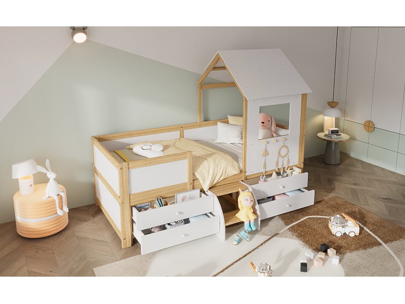 Lit cabane surélevé avec escalier - 90x200cm - 4 tiroirs sous le lit et fenêtre - avec sommier à lattes - blanc et naturel - Conforama B
