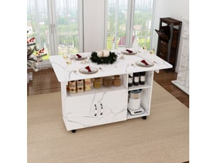 Table à manger pliante mobile 110x70x80 cm avec rangement mdf blanc effet marbre
