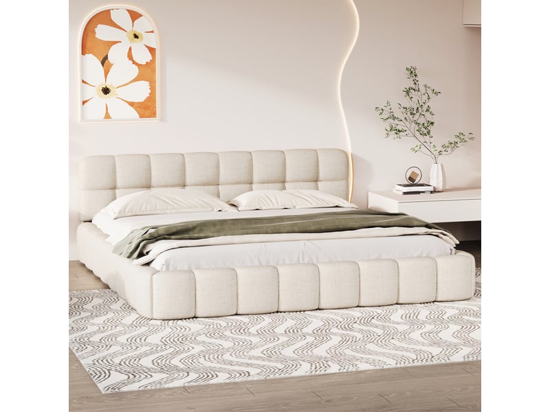  Lit adulte 140x200 à sommier à lattes, tête de lit capitonnée, cadre de lit rembourré en tissu lin, lit double design bulle, lit chambre sans matelas  - Conforama B