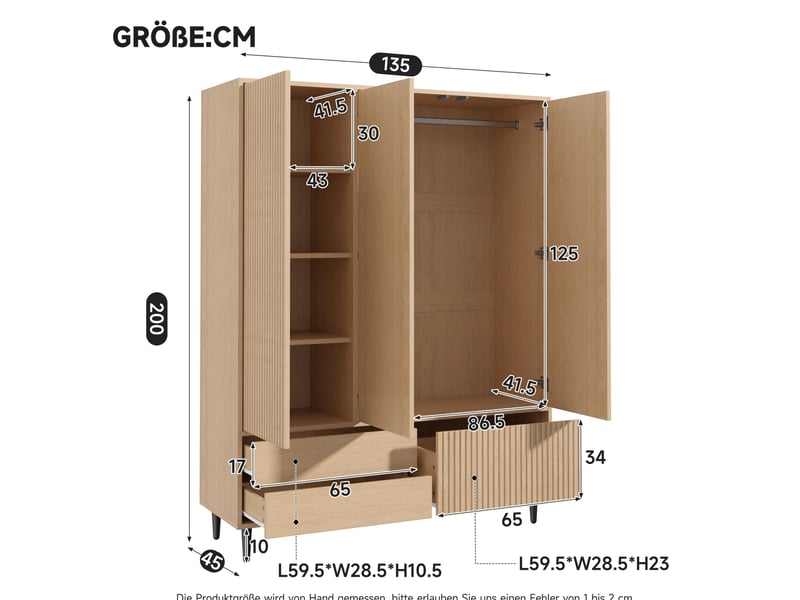  Armoire 135x45x200 cm avec 3 portes, 3 tiroirs et miroir, mdf et métal, bois clair, meuble chambre et dressing, déco  - Conforama C
