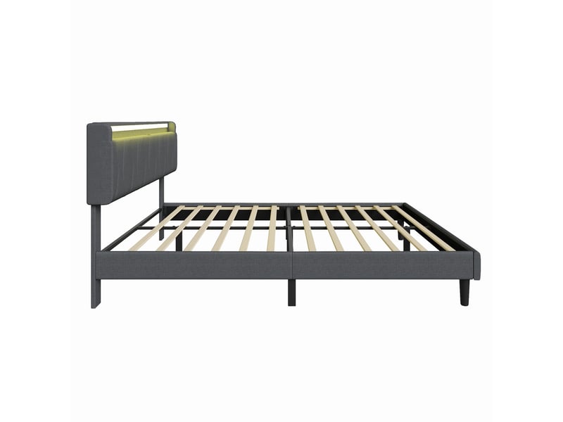 Lit adulte 2 places 140x200 cm avec tête de lit, lit double, led, rangement sous le lit, ports usb et type-c, lin gris - Conforama W