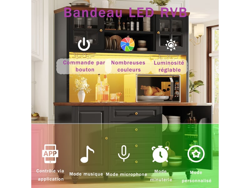  Buffet haut de cuisine 140 x 40 x 179,5 cm avec led rgb, étagères réglables et porte-verres en métal, noir  - Conforama B