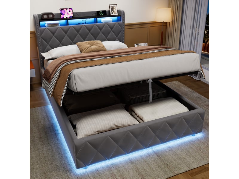  Lit 140 × 200 cm en velours, lit 2 places pour avec coffre de rangement hydraulique, led, couleur gris, sans matelas  - Conforama D