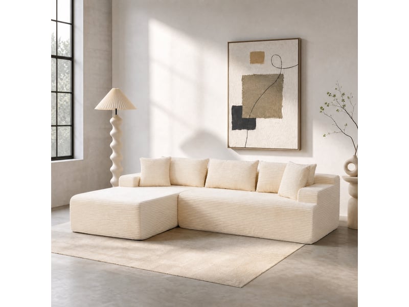  Canapé d'angle modulable 4 places avec chaise longue en chenille beige  - Conforama C